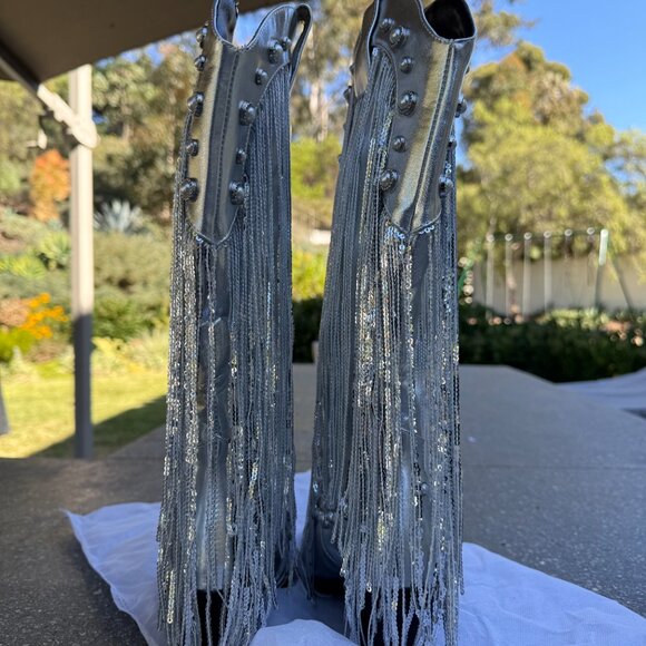 Metallic Sequin Fringe Boots - Silver - Picture 5 of 6